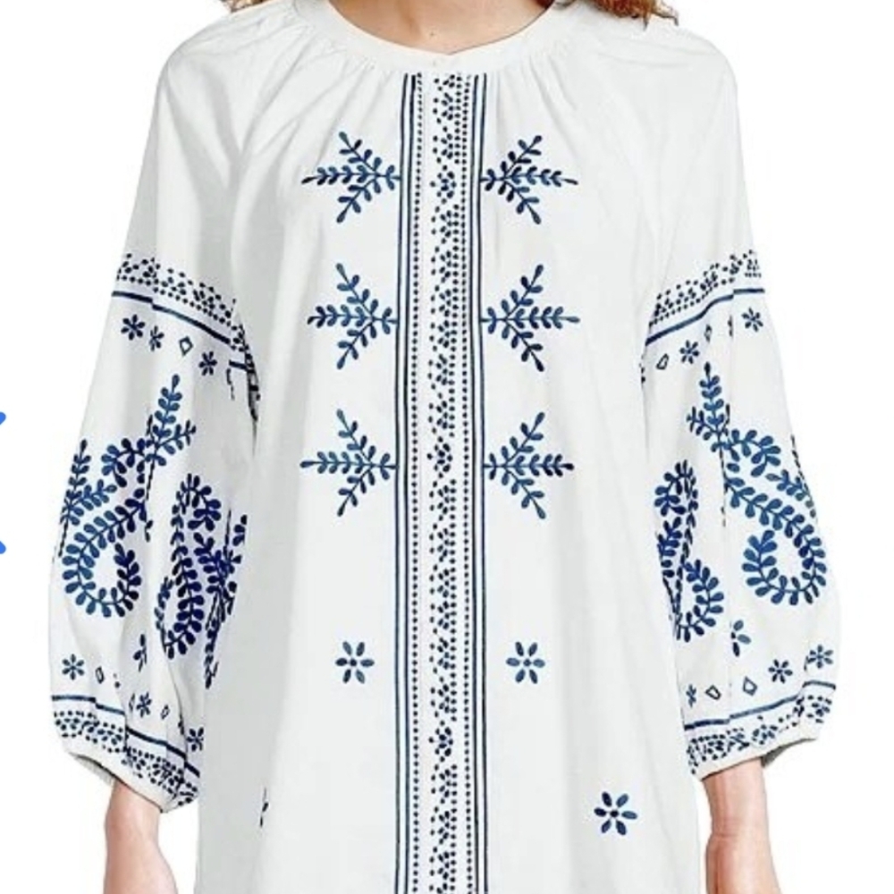 Calessa Embroidered‎ White & Blue Embroidered Kaftan Women's Top Size XL